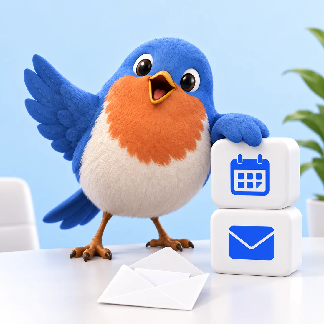 DeskRobin, a cheerful blue robin with a red-orange breast, waving beside calendar and mail blocks.